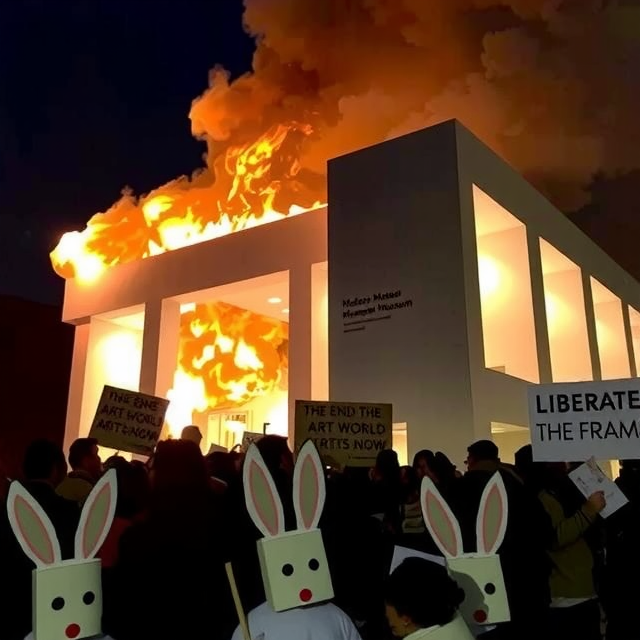 Synthetic image showing disguised protesters in front of an art institution in flames
