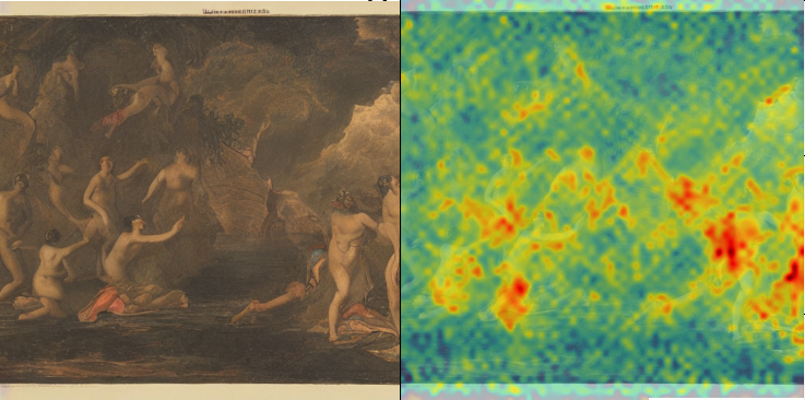 A composite image that shows a synthetic image and the vizualisation of the zones where a word in the prompt has significant effect.